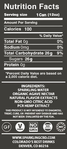 Label with nutrition information for Sparkling CBD Ginger Ale by Colorado's Best Drinks