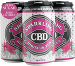 Four-pack of Sparkling CBD Hibiscus Tea cans with hibiscus plant illustrations