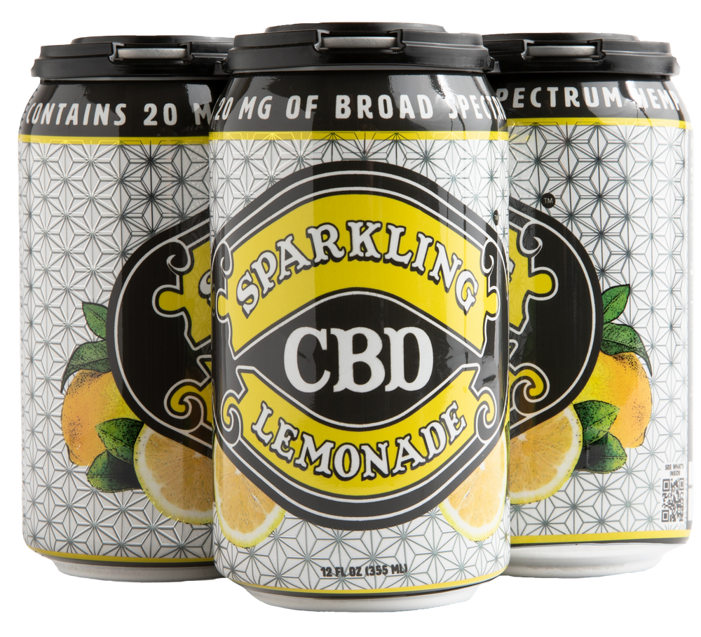 Four-pack of Sparkling CBD Lemonade soda cans with lemon illustrations