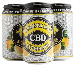 Four-pack of Sparkling CBD Lemonade soda cans with lemon illustrations