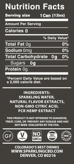 Label with nutrition information for Sparkling CBD Hibiscus Tea by Colorado's Best Drinks