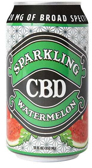 Single can of Sparkling CBD Watermelon Soda with watermelon wedge illustrations