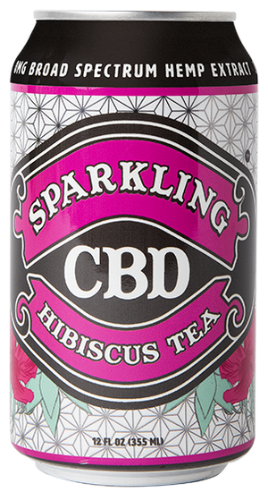 Single can of Sparkling CBD Hibiscus Tea with hibiscus plant illustrations