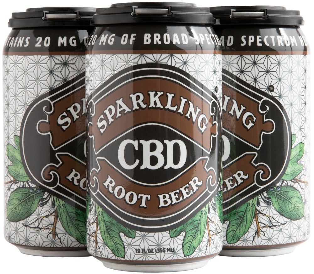 Four-pack of Sparkling CBD Root Beer cans with wintergreen plant illustrations