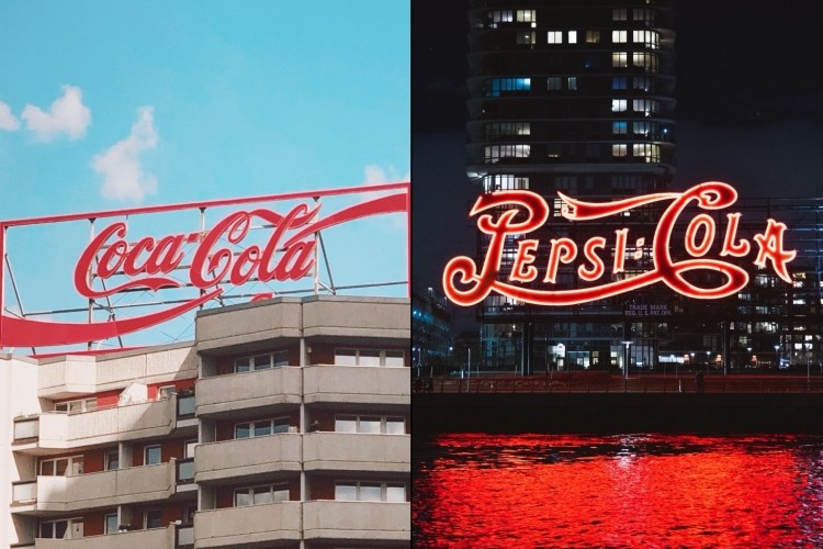 Adjacent photographs of "Cola Cola" billboard on cloudy day and neon "Pepsi Cola" sign at night near city skyscrapers