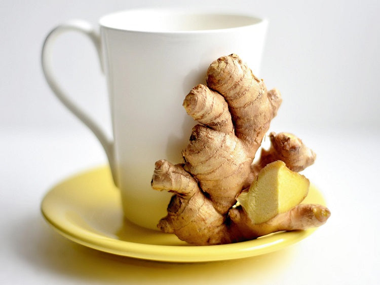 Yellow saucer holding white teacup and ginger root