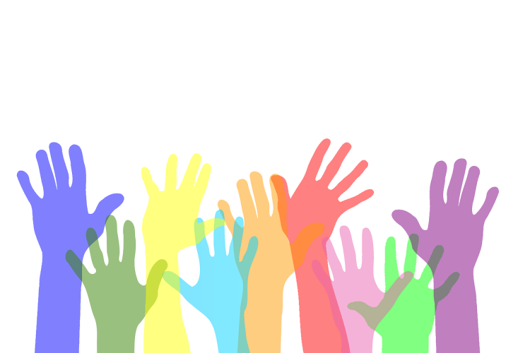 Silhouettes of hands reaching upward in assorted colors