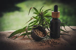 Hemp plant, CBD tincture bottle and seeds on an outdoor ledge covered by a burlap sack