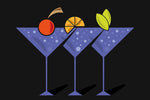 Illustration of three purple martini glasses with assorted garnishes