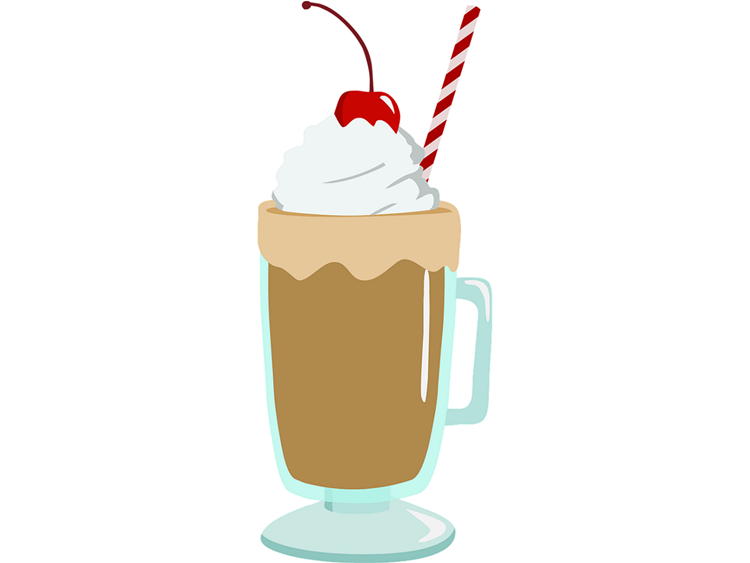Animated root beer float in tall glass mug with whipped cream, straw and cherry on top