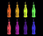 Eight soda bottle images with newsprint effect in assorted colors