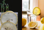 Glass of sparkling water with citrus fruit garnish beside glass of iced still water