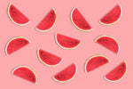 Twelve identical wedges of watermelon fruit pictured against pink background