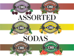 Logos from six Sparkling CBD drink flavors from Assorted Soda pack surrounding 'ASSORTED SODA' text