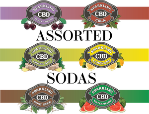 Logos from six Sparkling CBD drink flavors from Assorted Soda pack surrounding 'ASSORTED SODA' text