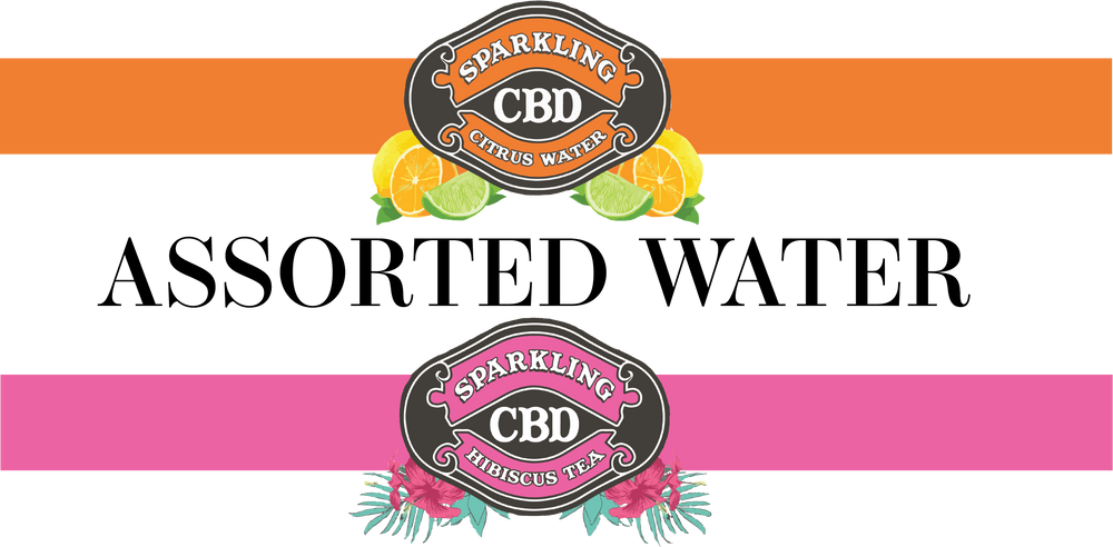 Logos for Sparkling CBD Hibiscus Tea and Sparkling CBD Citrus Water surrounding 'ASSORTED WATERS' text