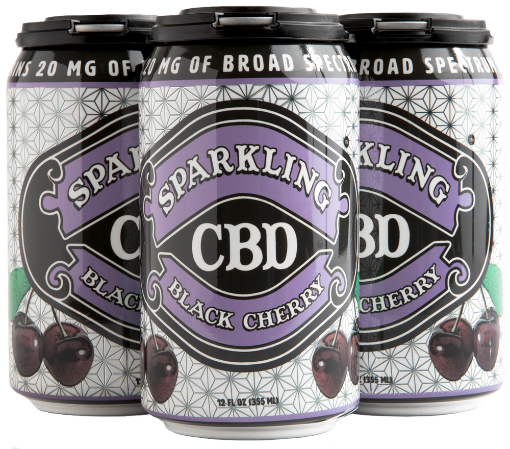 Four-pack of Sparkling CBD Black Cherry Soda cans with cherry illustrations