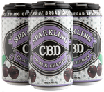 Four-pack of Sparkling CBD Black Cherry Soda cans with cherry illustrations