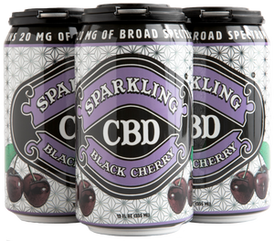 
            
                Load image into Gallery viewer, Four-pack of Sparkling CBD Black Cherry Soda cans with cherry illustrations
            
        