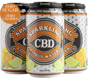 
            
                Load image into Gallery viewer, Four-pack of Sparkling CBD Citrus Water with illustrations of oranges and lime wedges
            
        