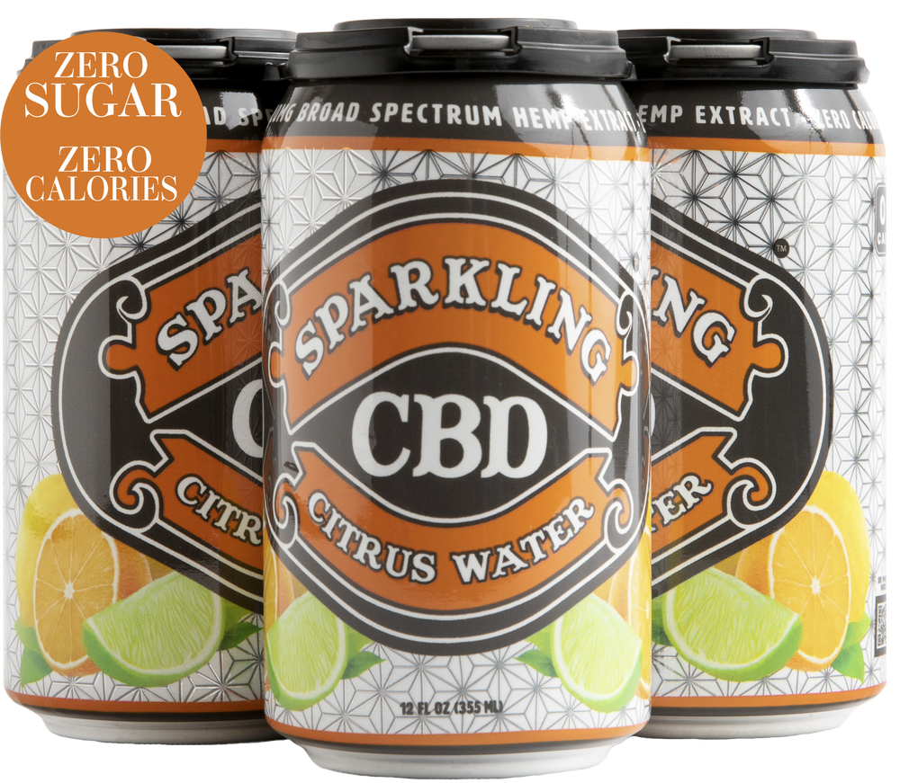 Four-pack of Sparkling CBD Citrus Water cans with illustrations of citrus fruits
