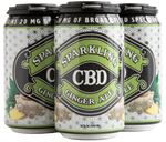 Four-pack of Sparkling CBD Ginger Ale soda cans with ginger root illustration