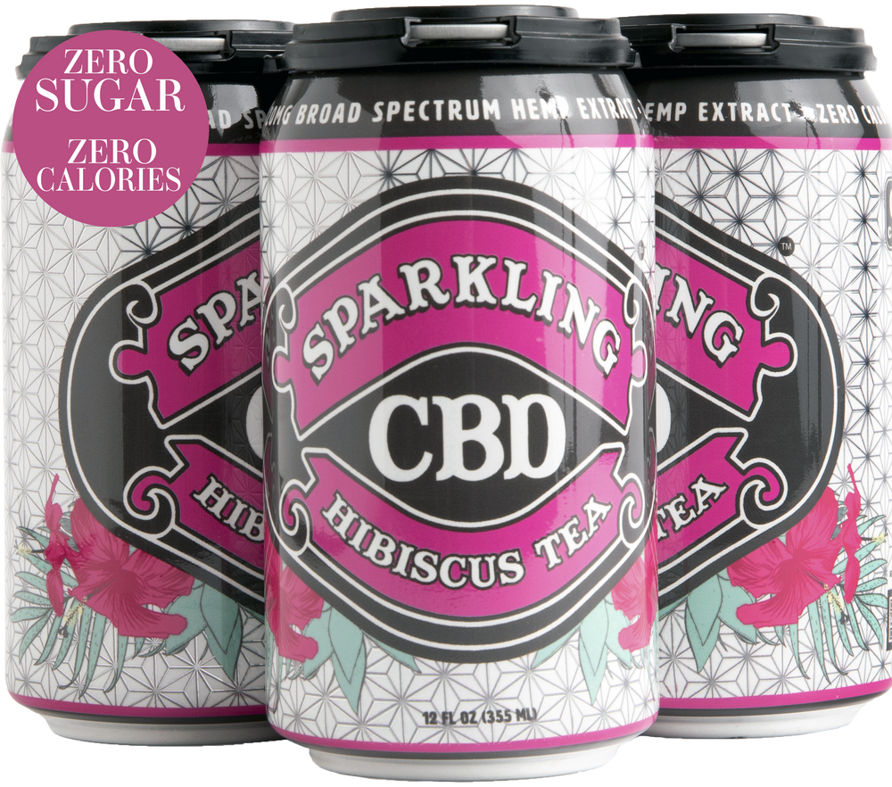 Four-pack of Sparkling CBD Hibiscus Tea cans with illustrations of hibiscus flowers