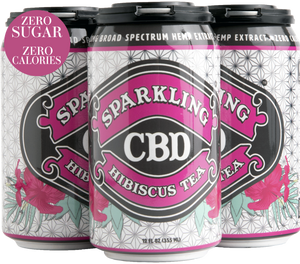 Four-pack of Sparkling CBD Hibiscus Tea cans with illustrations of hibiscus flowers