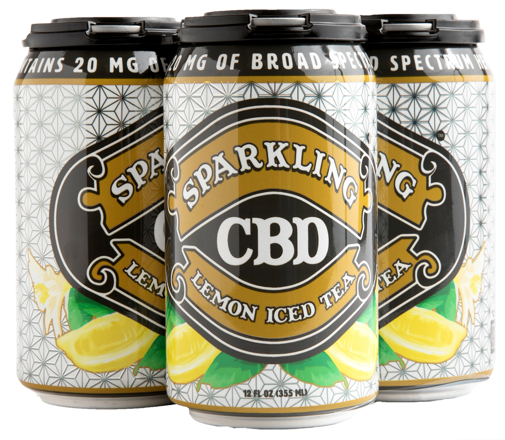 Four-pack of Sparkling CBD Lemon Iced Tea cans with lemon illustrations