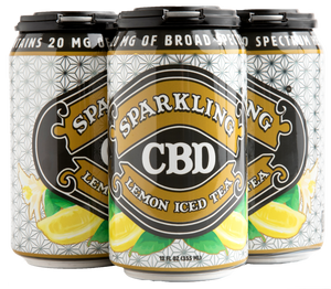 
            
                Load image into Gallery viewer, Four-pack of Sparkling CBD Lemon Iced Tea cans with lemon illustrations
            
        