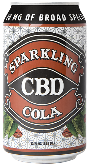 Sparkling CBD Cola can with cacao bean illustrations