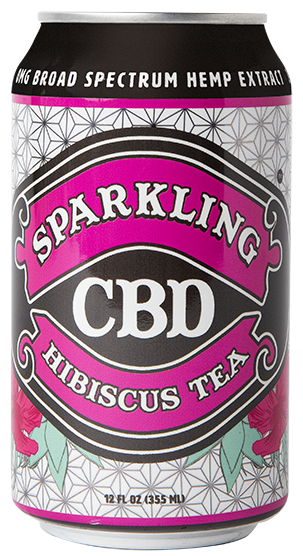
            
                Load image into Gallery viewer, Single can of Sparkling CBD Hibiscus Tea with hibiscus plant illustrations
            
        