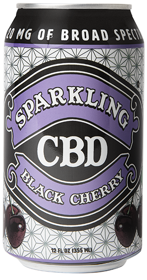 Sparkling CBD Black Cherry Sparkling Water can with cherry illustrations