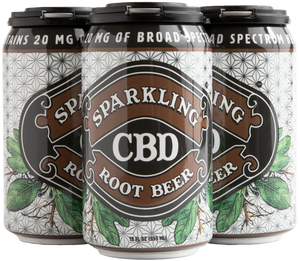 
            
                Load image into Gallery viewer, Four-pack of Sparkling CBD Root Beer cans with wintergreen plant illustrations
            
        