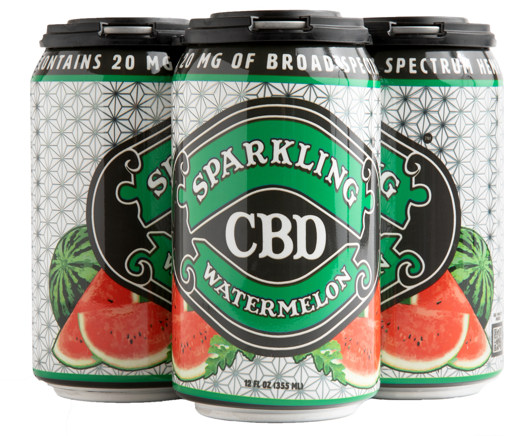 Four-pack of Sparkling CBD Watermelon soda cans with watermelon wedge illustrations
