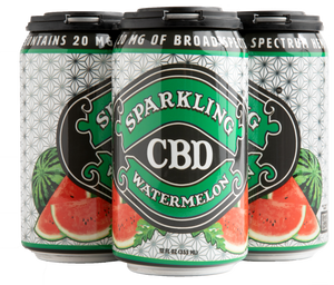 Four-pack of Sparkling CBD Watermelon soda cans with watermelon wedge illustrations
